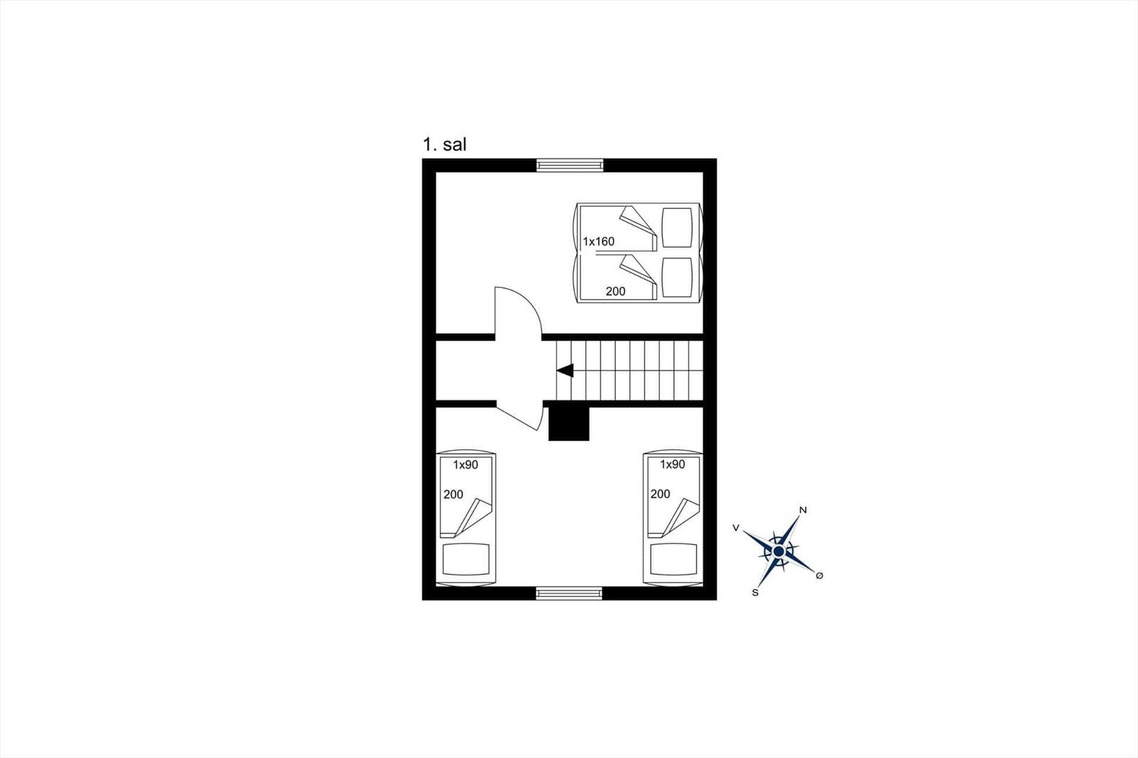 Ground floor with bedroom, stairs, and two bedrooms with beds.