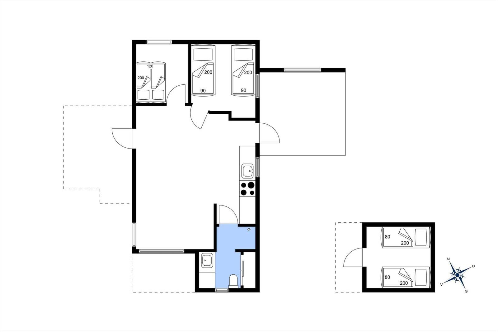 Wohnung mit drei Schlafzimmern, Küche und Bad. Raumangaben in Quadratmetern.