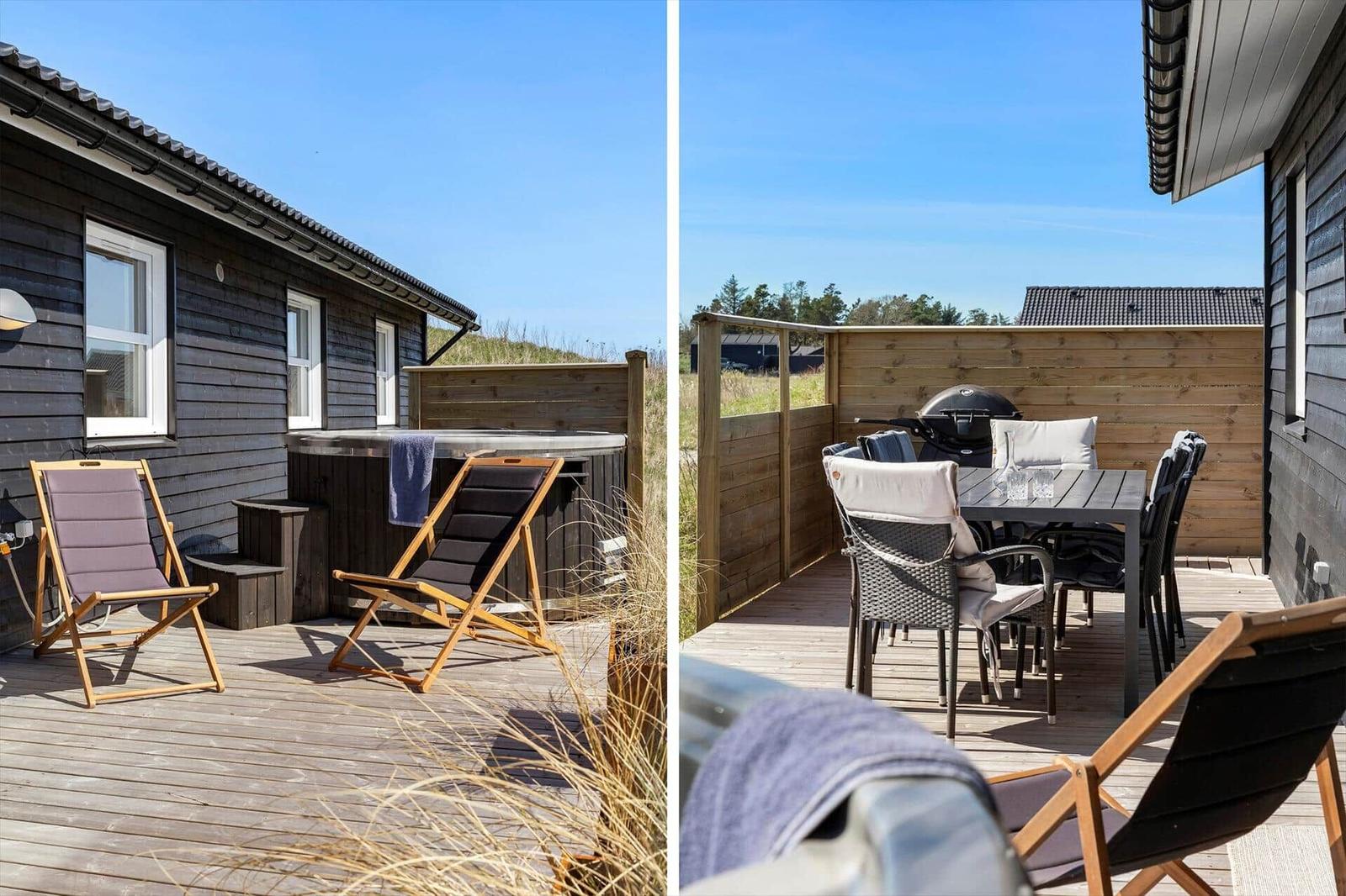 Deck with hot tub, sun loungers, and grill area. Wooden siding and clear view.