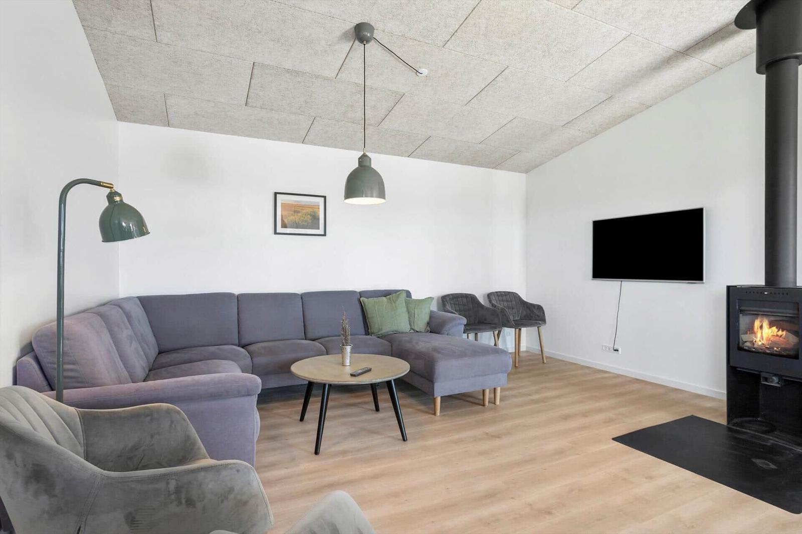 Living room with sofa, armchairs, coffee table, and wood-burning stove. Concrete ceiling panels.