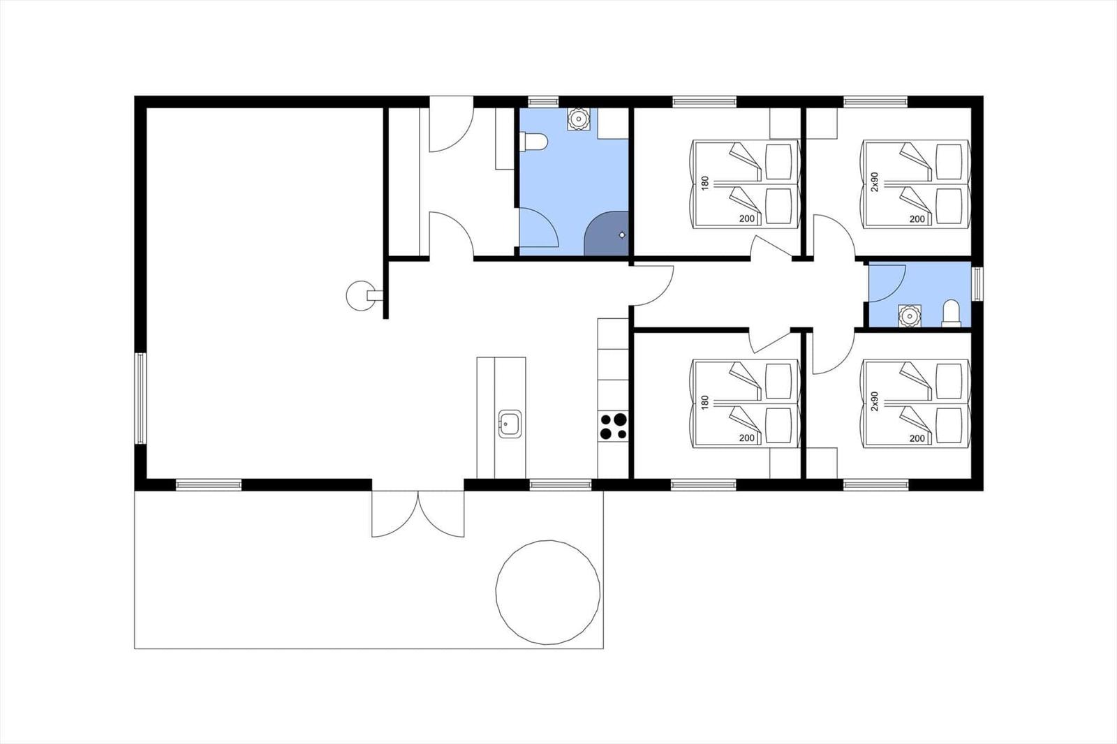 Functional floor plan with kitchen, bathroom, four bedrooms, and living area.