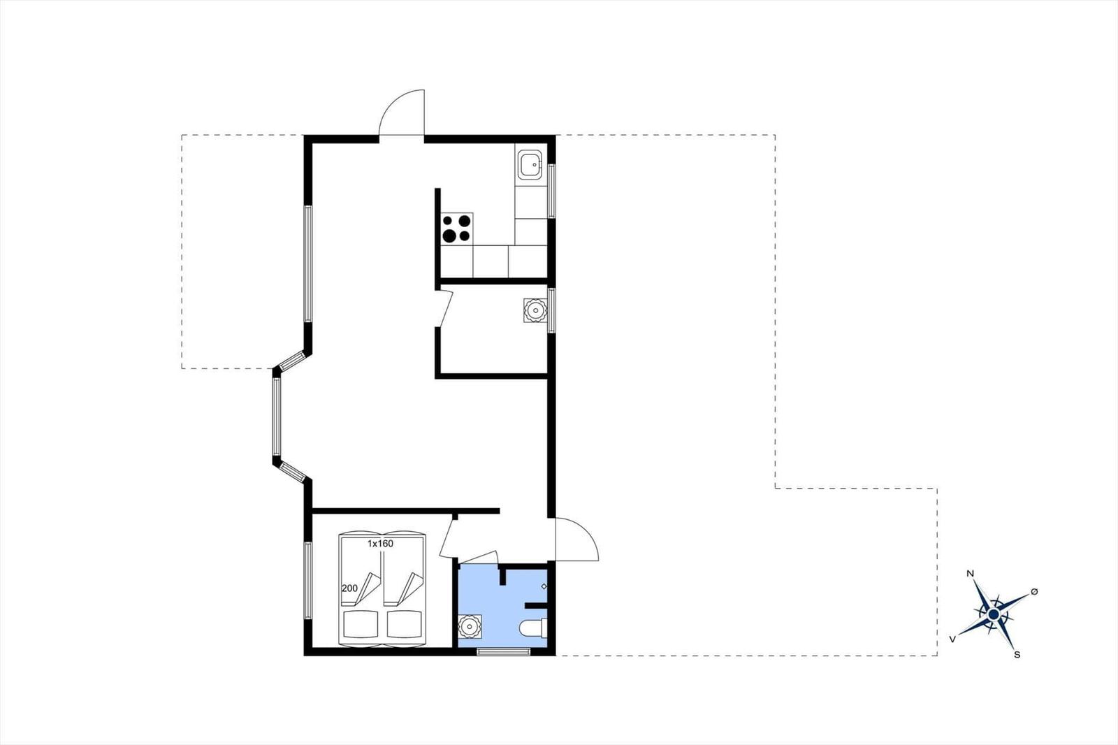 Wohnung mit Küche, Bad und Schlafzimmer mit 1x160 cm Bett.