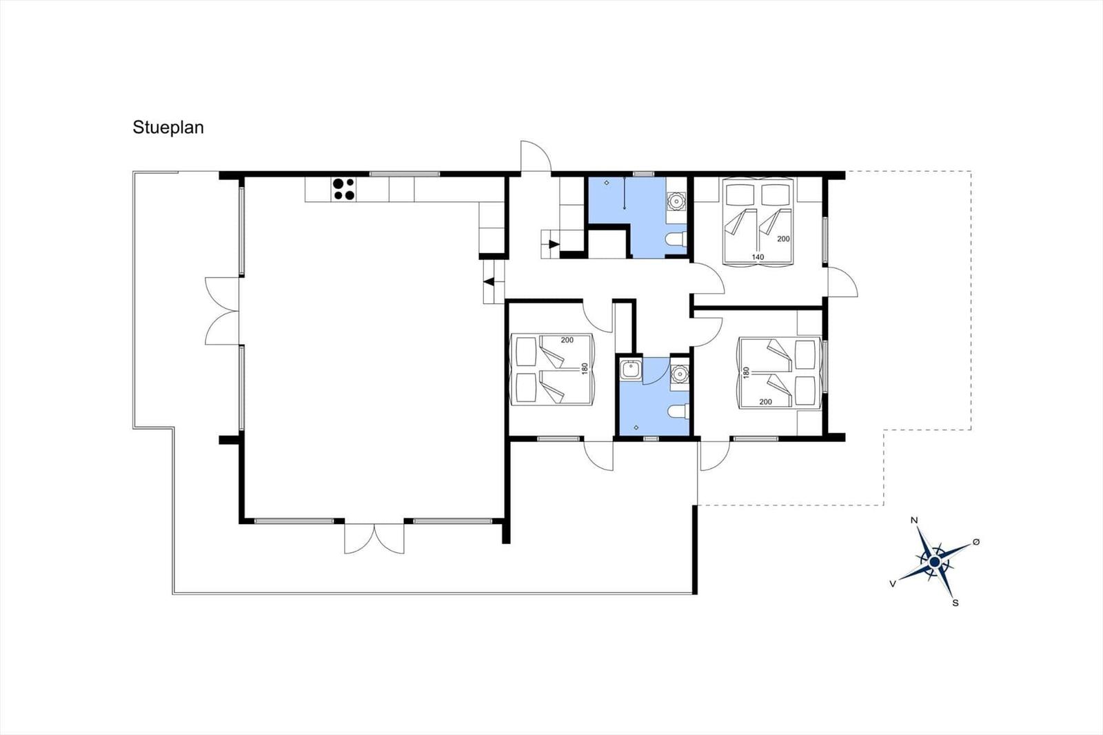 Floor plan shows three bedrooms, two bathrooms, and a kitchen with dining area.