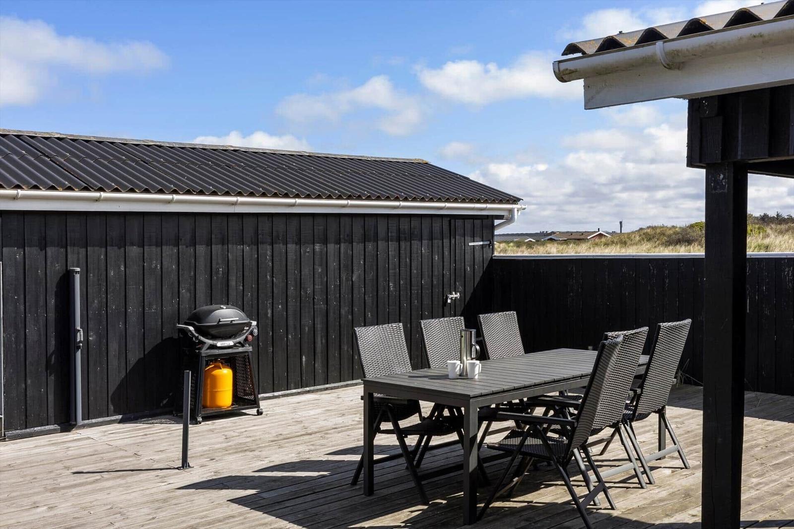 Terrace with table, chairs, and grill. Background: black-clad wall and grassland.