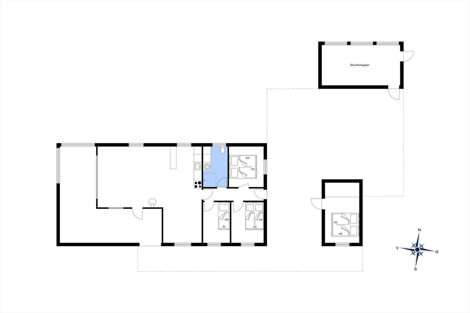 Apartment with three bedrooms, kitchen, and bathroom. Outdoor area with shed.
