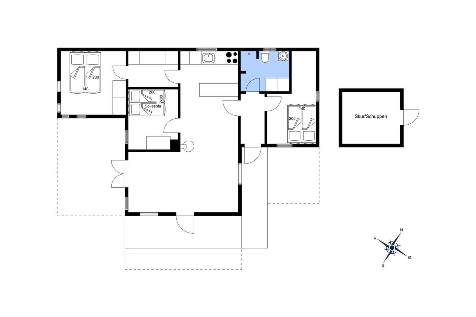 Funktionaler Grundriss mit Schlafzimmer, Wohnbereich, Küche und Bad.