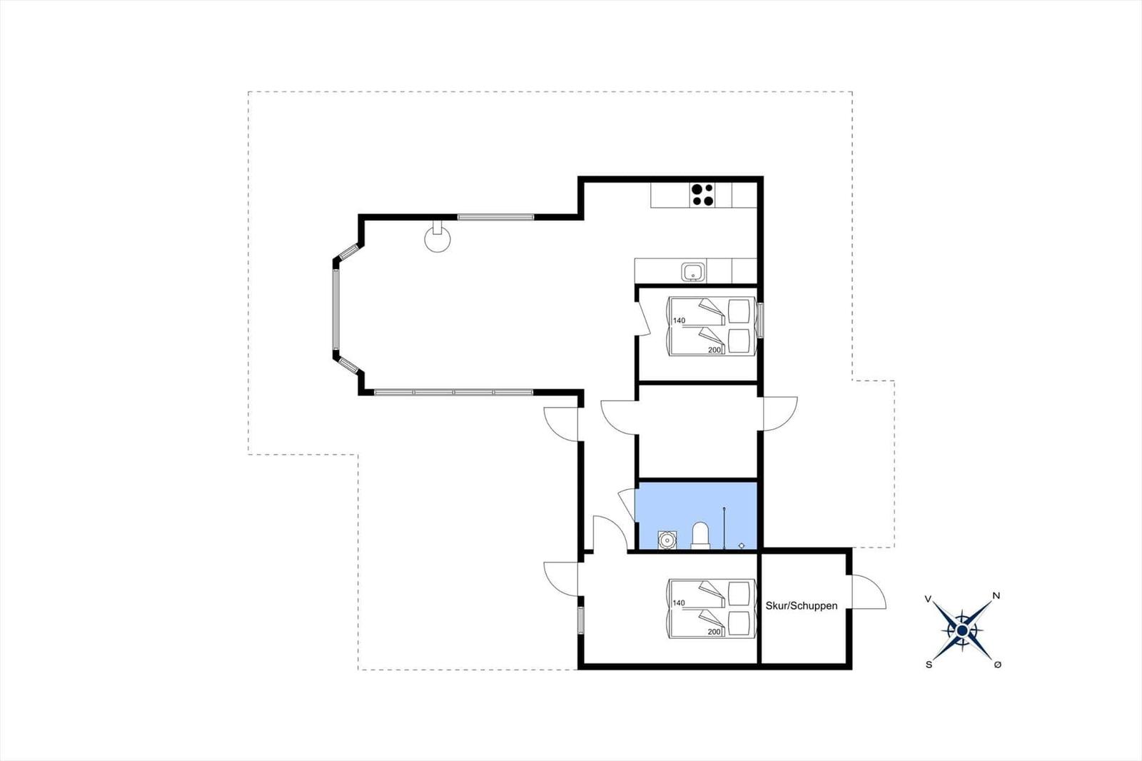 Wohnung mit Küche, Bad, zwei Schlafzimmern und Garage.
