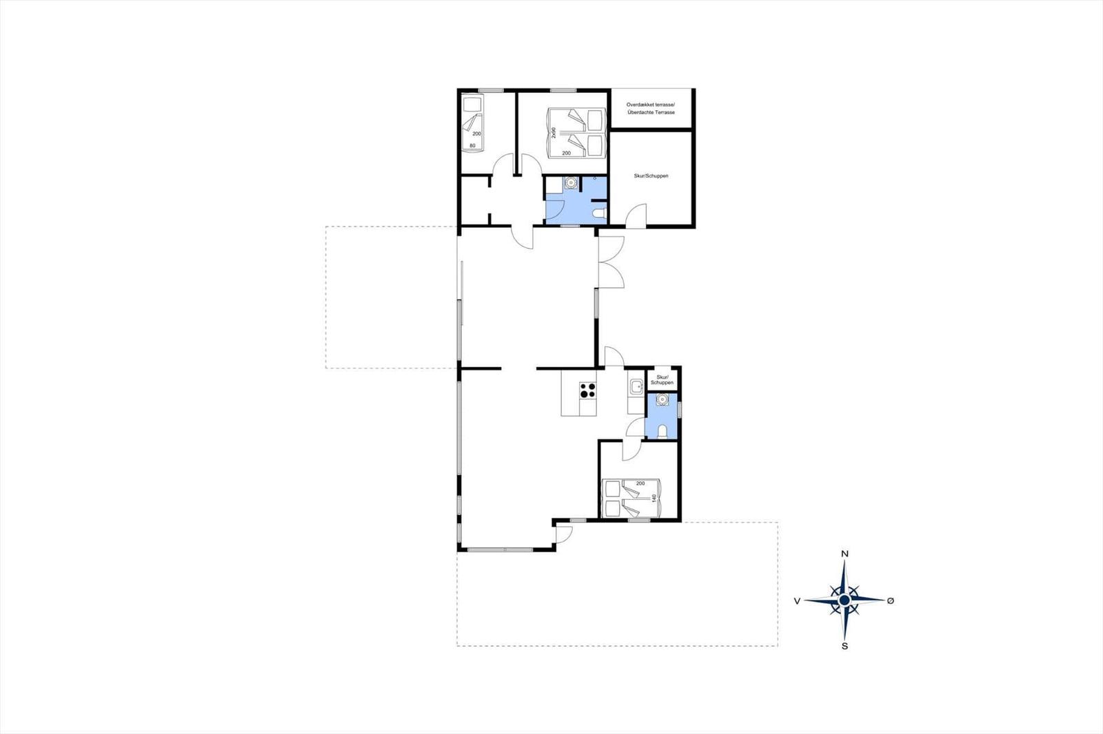 Apartment with two bedrooms, kitchen, bathroom, and covered terrace.