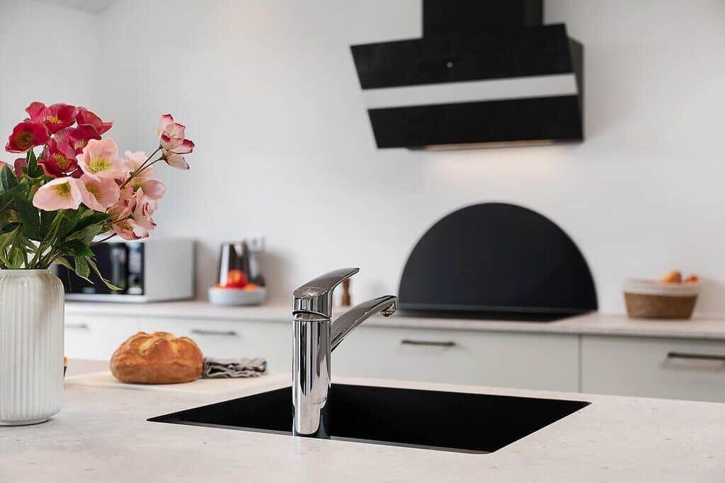 Küchenarbeitsplatte mit Spüle, Blumen und Backofen im Hintergrund.