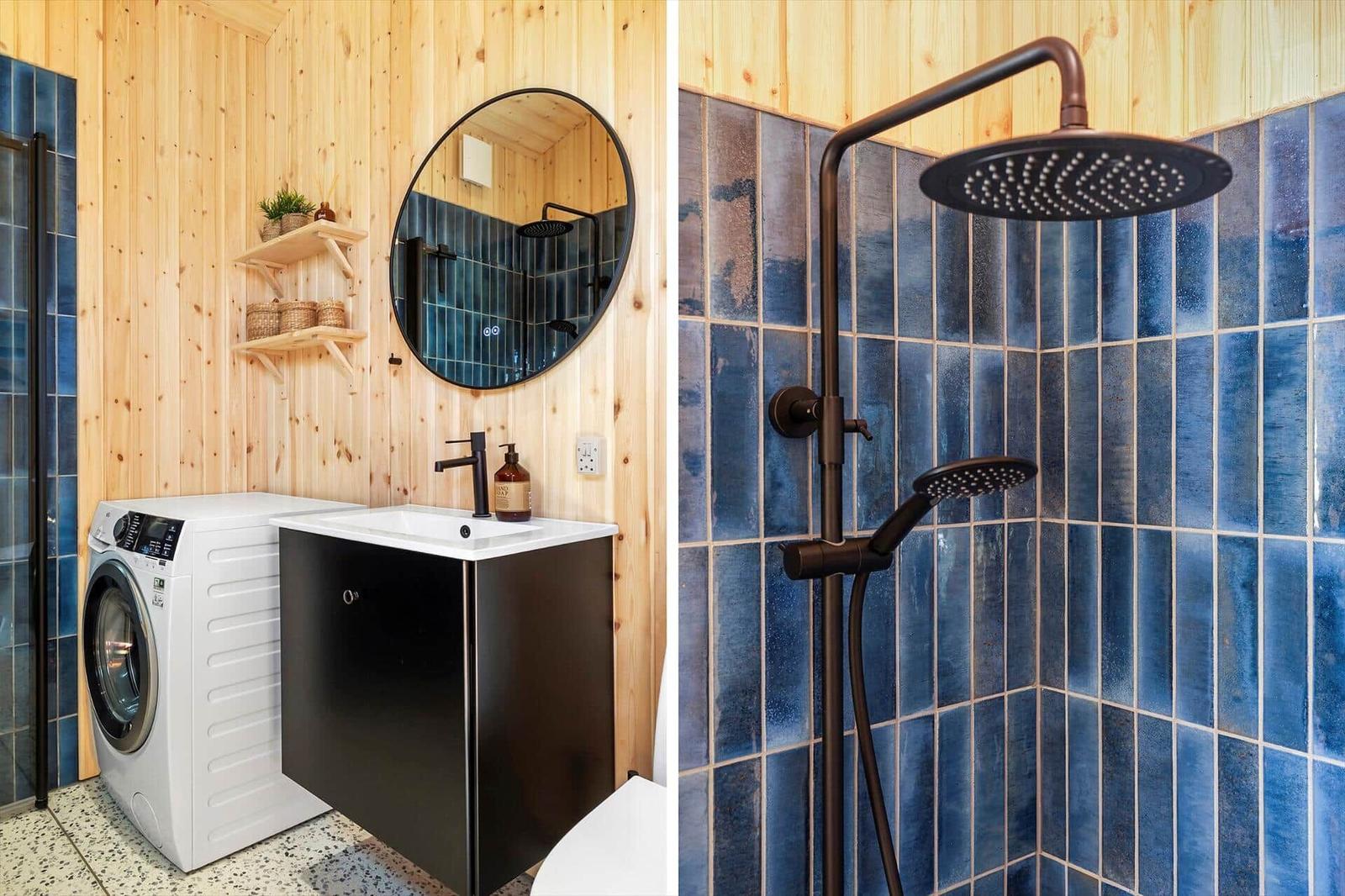 Bath with shower, washing machine, and sink with mirror