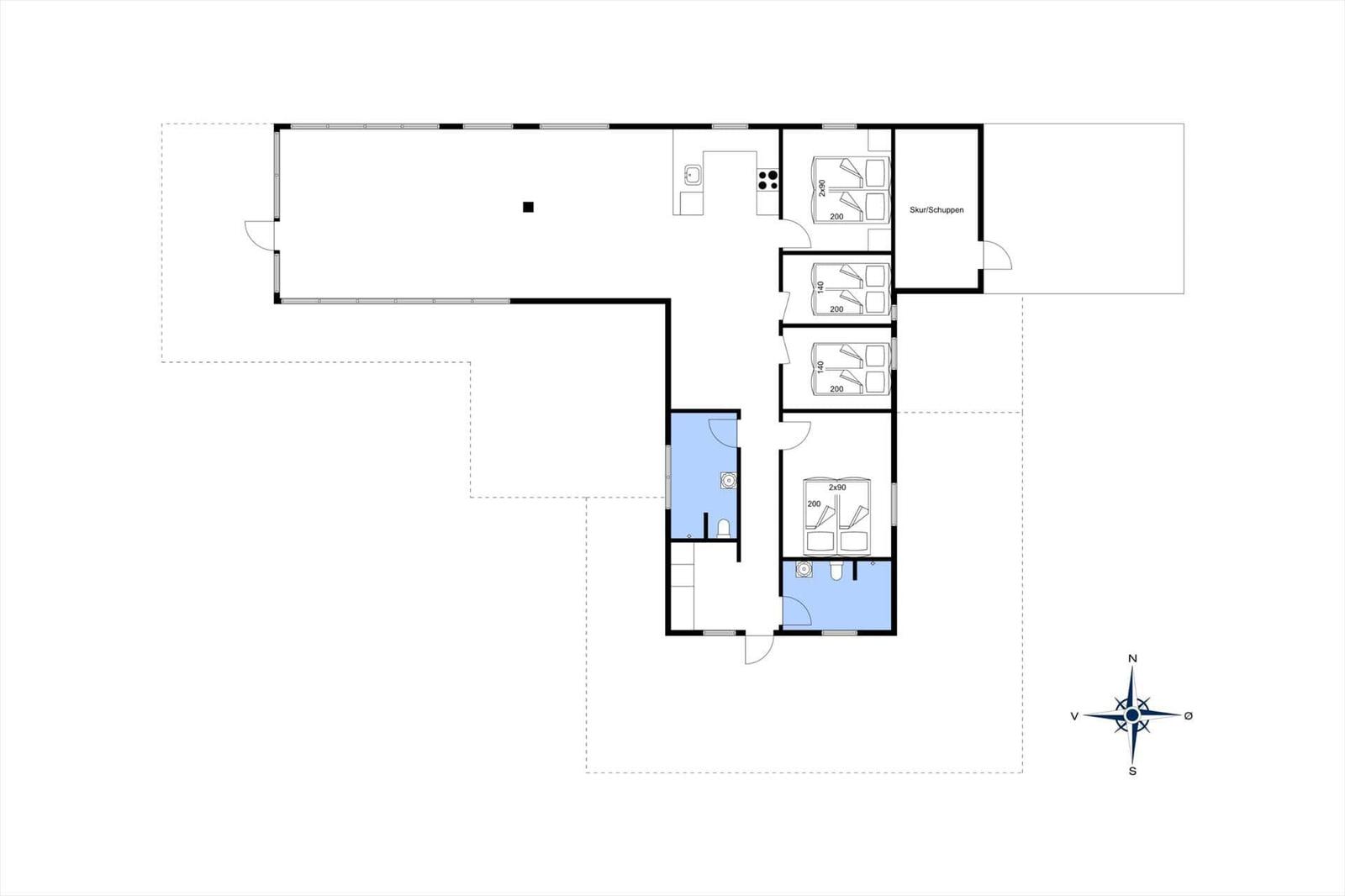 Grundriss einer Ferienwohnung mit vier Schlafzimmern, Küche und Bad.