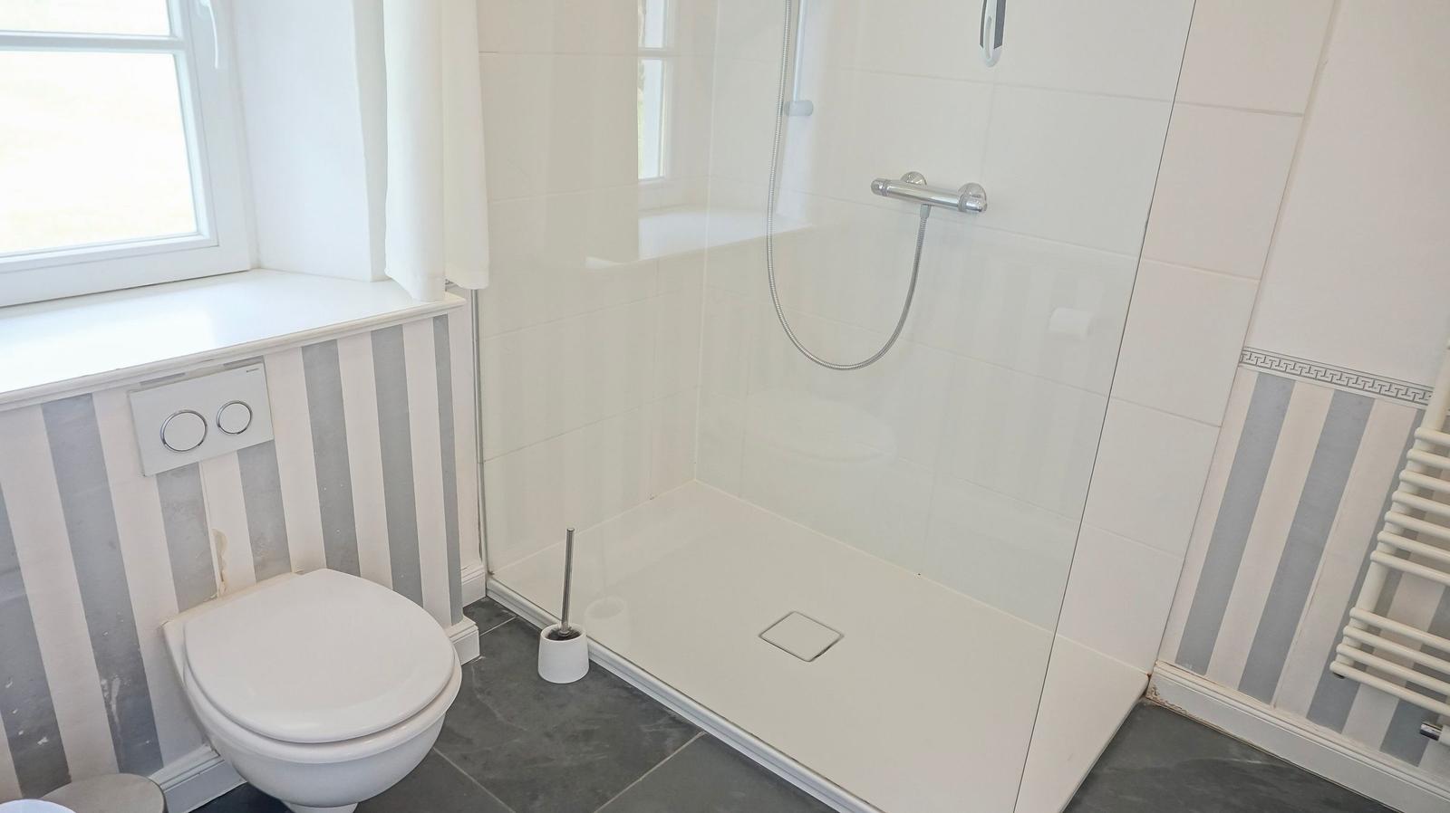 Bad mit Dusche, Toilette und Fenster. Wand mit Streifenmuster.