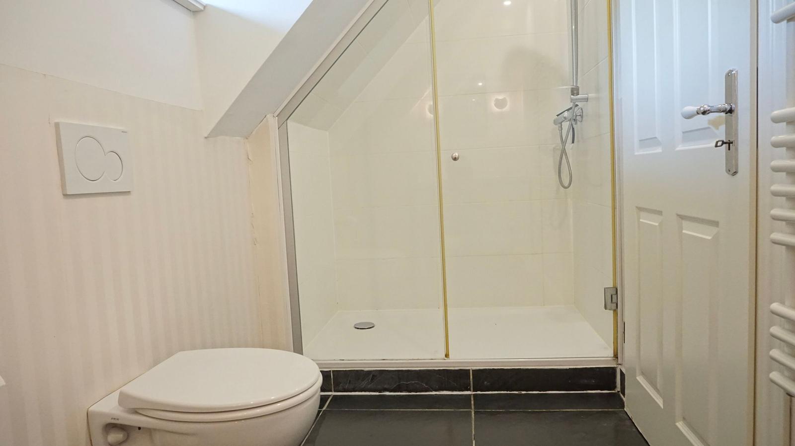 Badezimmer mit Dusche, Toilette und Heizung