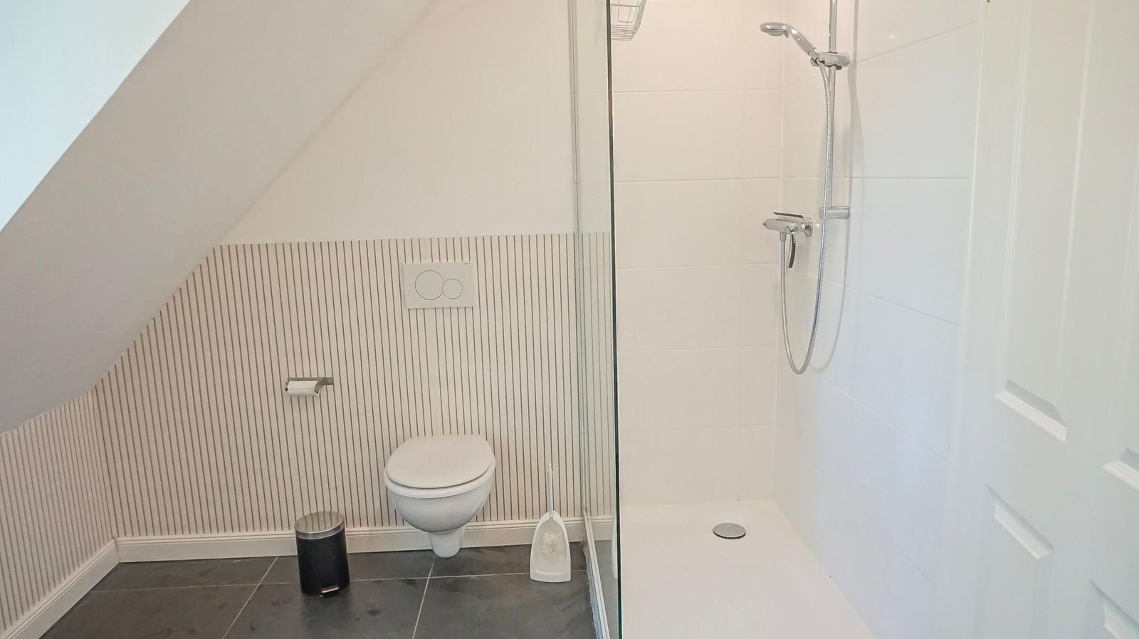 Badezimmer mit Dusche, Toilette und schräger Decke.