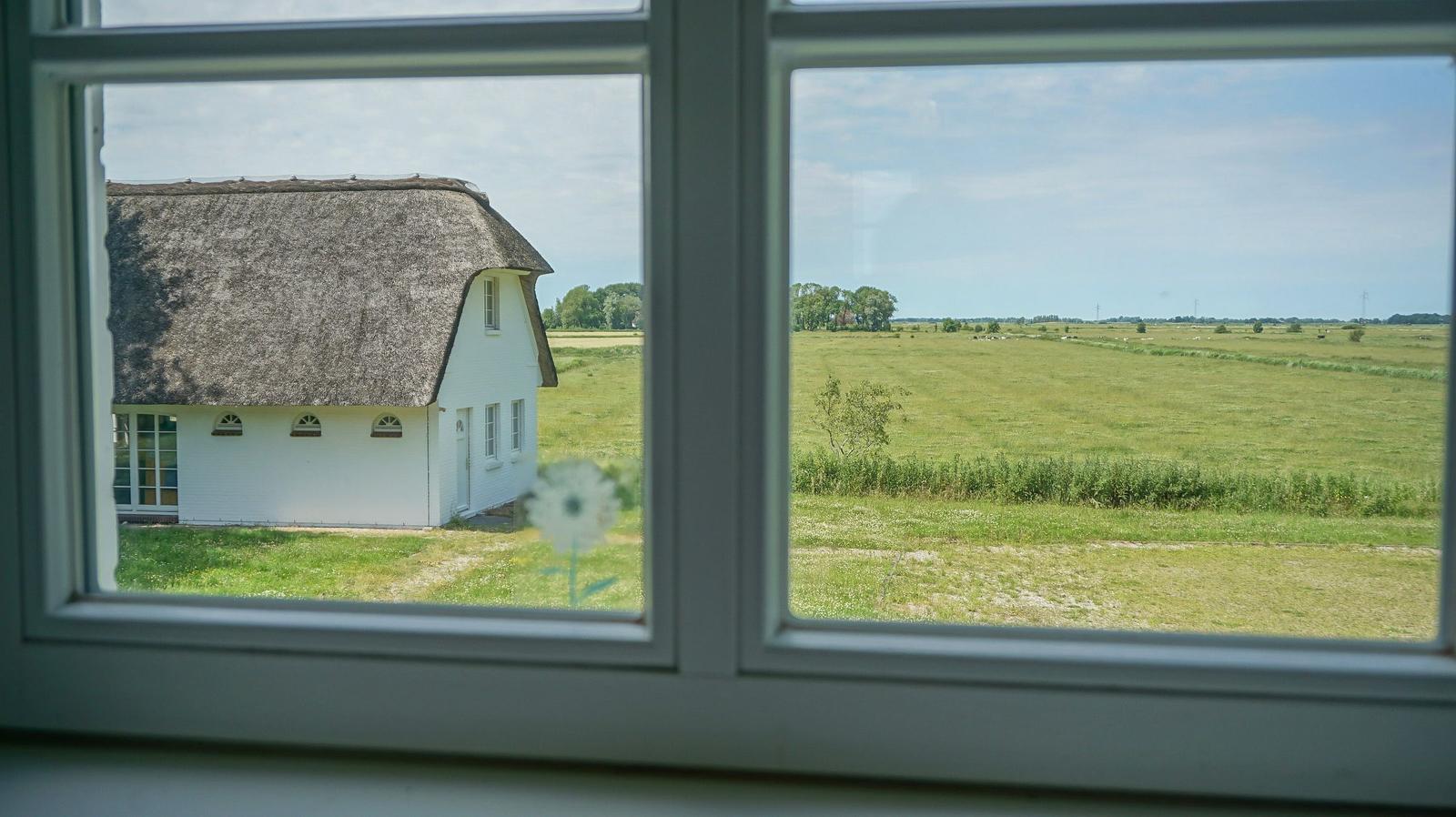 Durch das Fenster blickt man auf ein weißes Haus mit Strohdach und grüne Wiesen.