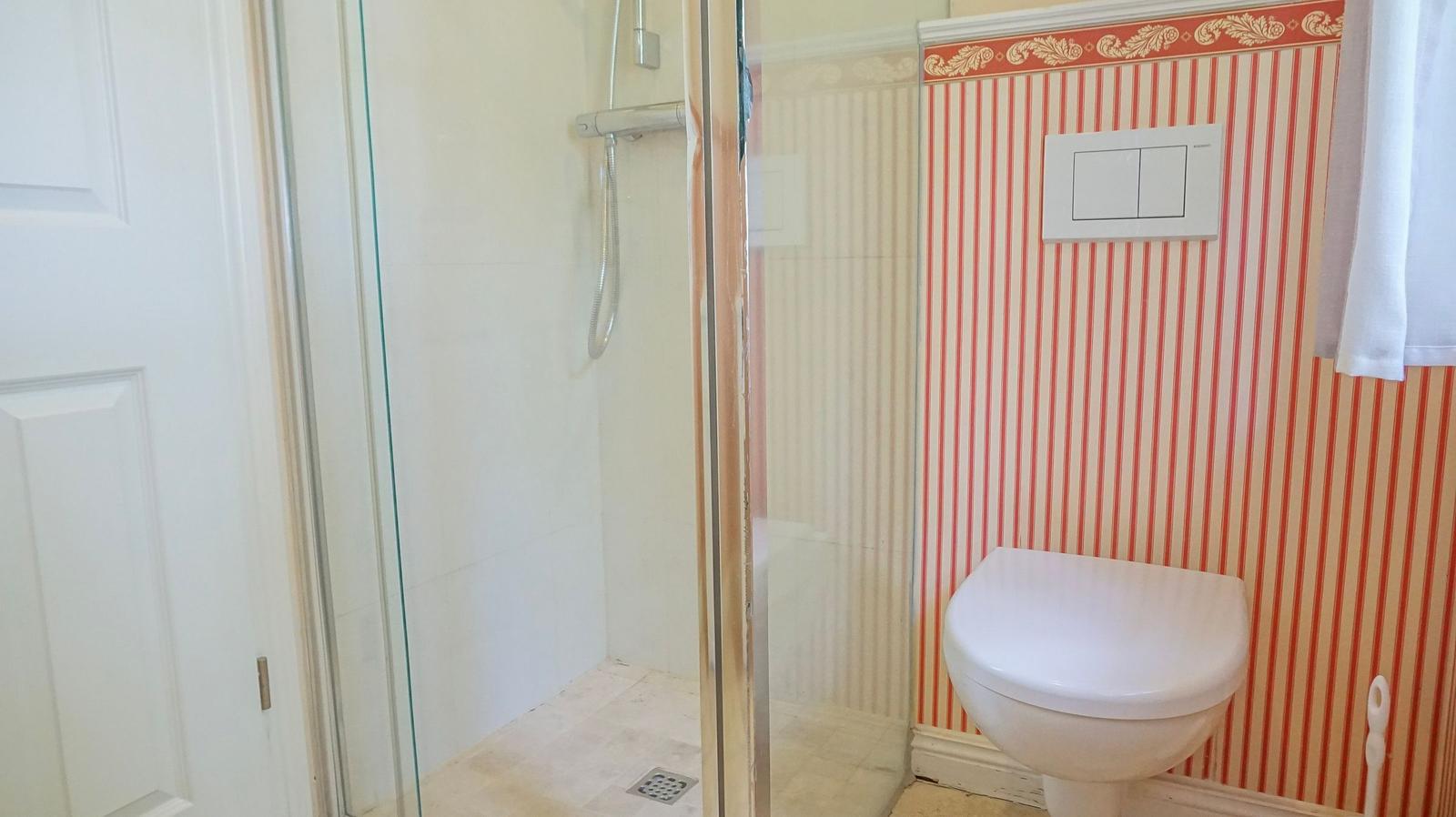 Bad mit Dusche und WC, Wand mit roten Streifen und weißem WC.