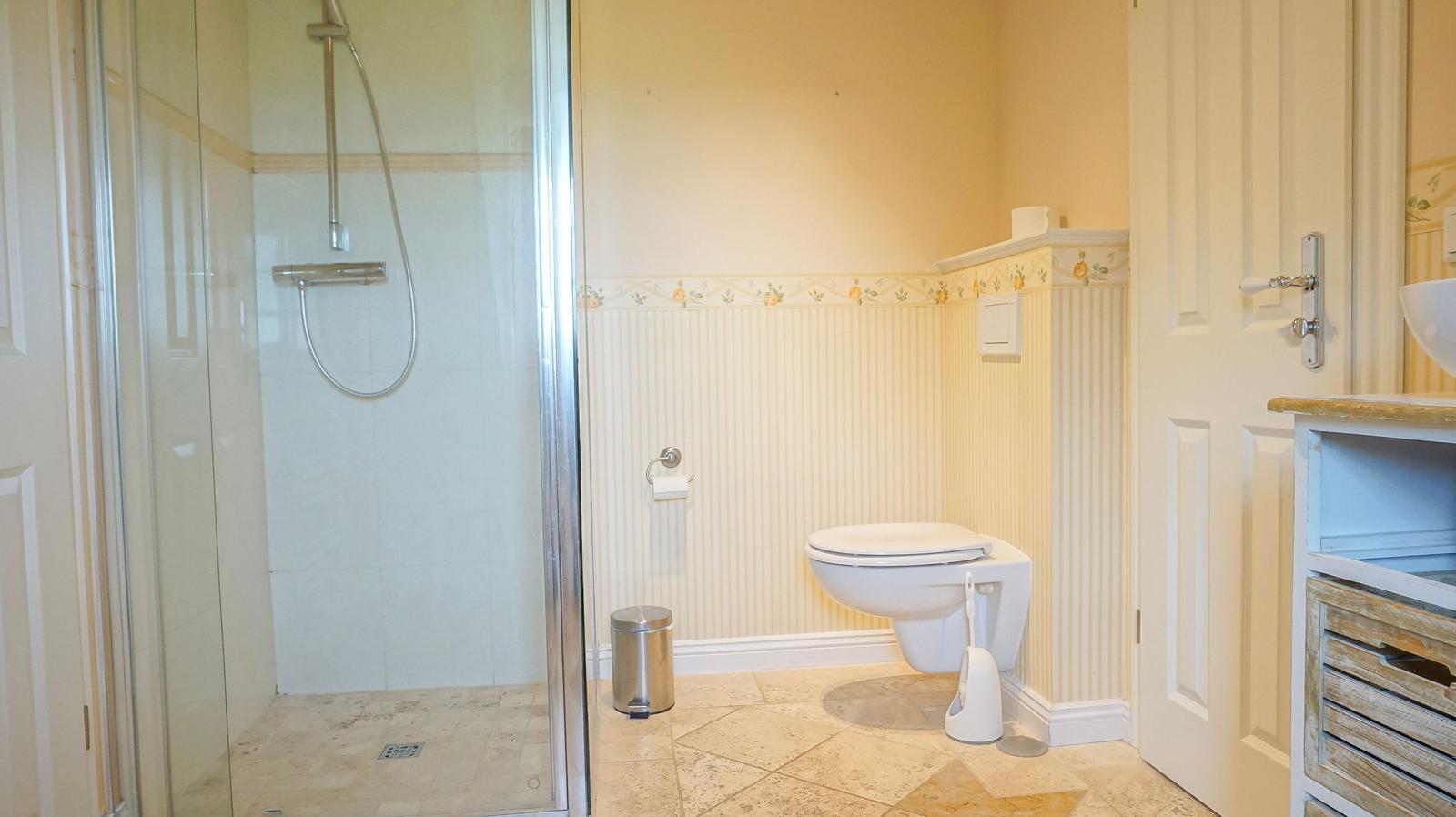 Badezimmer mit Dusche, WC und Waschtisch.