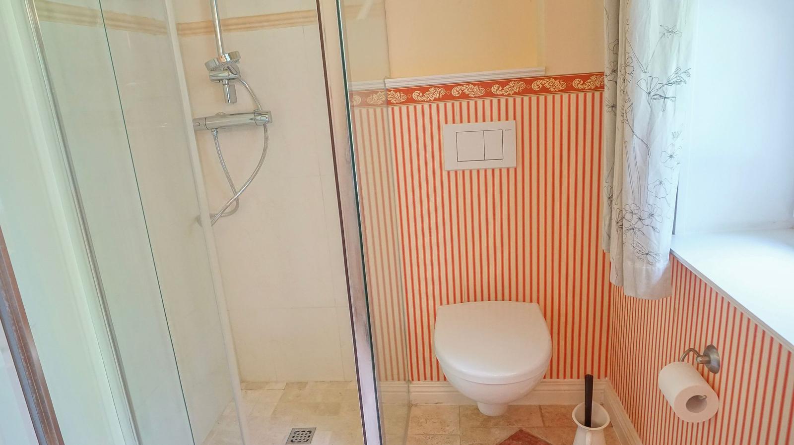 Badezimmer mit Dusche, WC und Fenster. Wandverkleidung mit Streifenmuster.