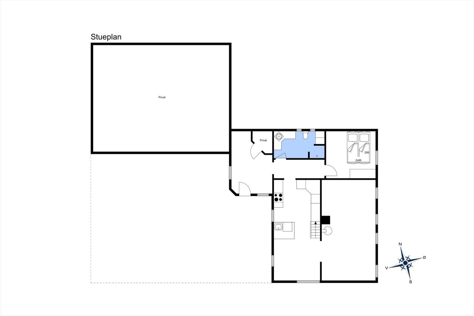 Stueplan zeigt Wohnfläche, Schlafzimmer und Küche mit Dusche und Bad.