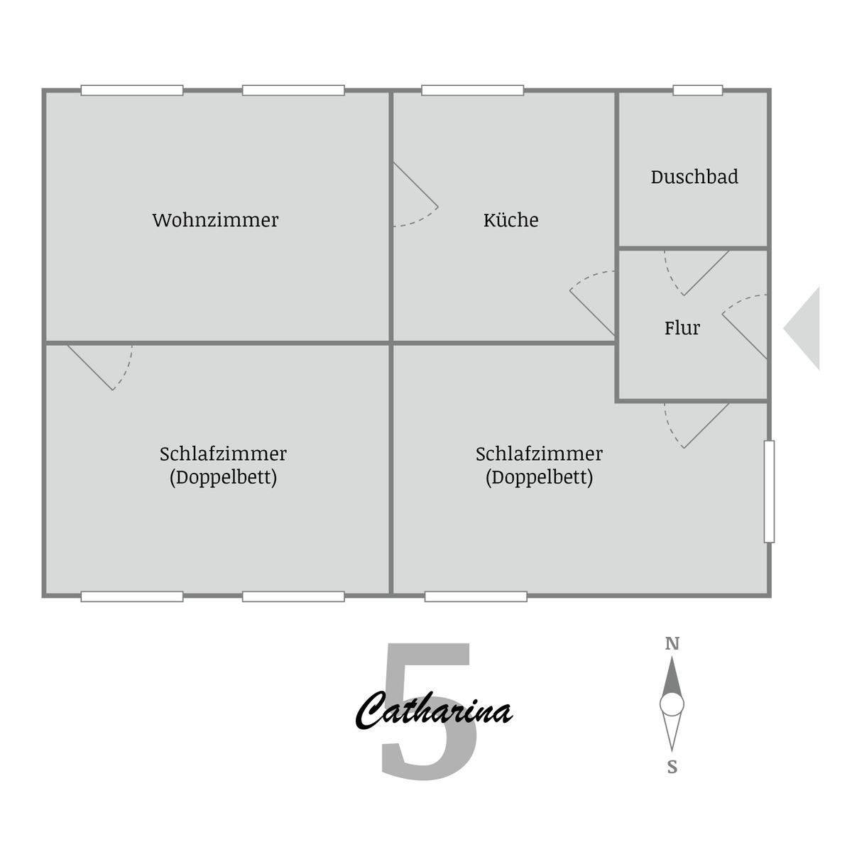 Wohnung mit Wohnzimmer, Küche, zwei Schlafzimmern und Duschbad.