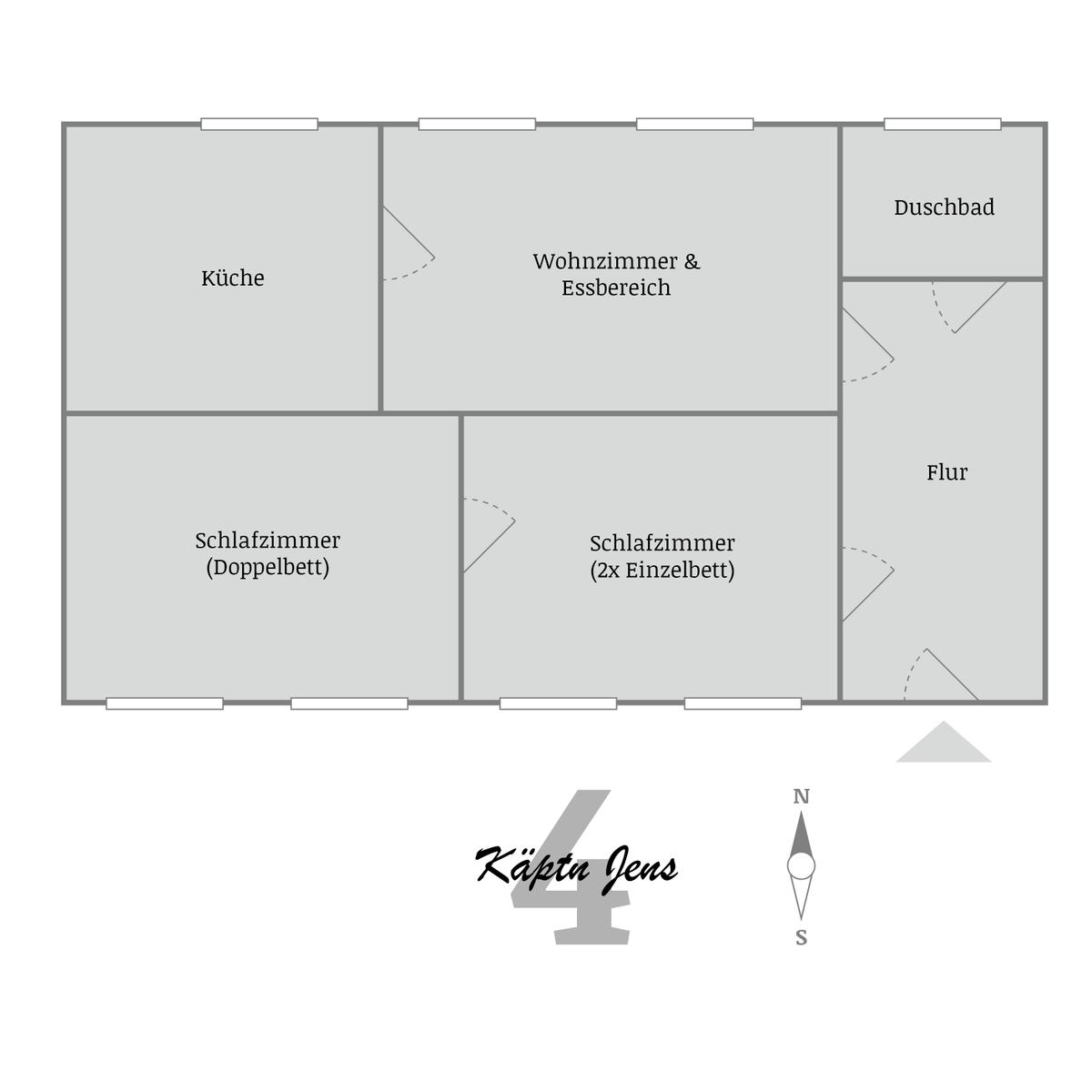Küche, Wohn- und Essbereich, Schlafzimmer mit Doppelbett, Schlafzimmer mit zwei Einzelbetten, Flur und Duschbad.
