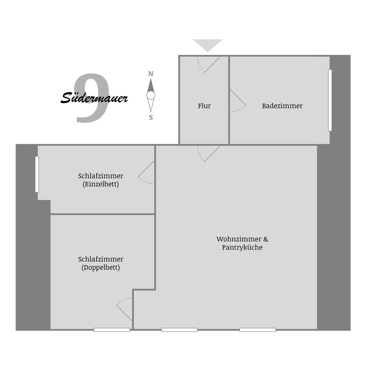 Wohnung mit zwei Schlafzimmern, Wohnzimmer, Bad und Flur.