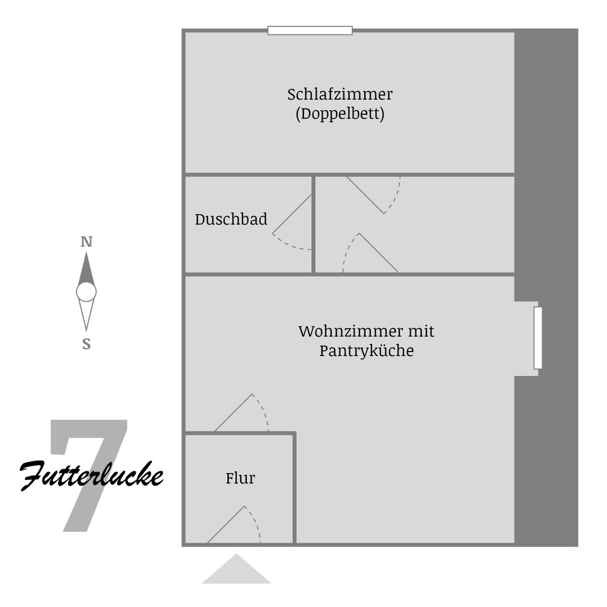 Fussbodenplan zeigt Schlafzimmer, Duschbad, Wohnzimmer mit Pantryküche und Flur.