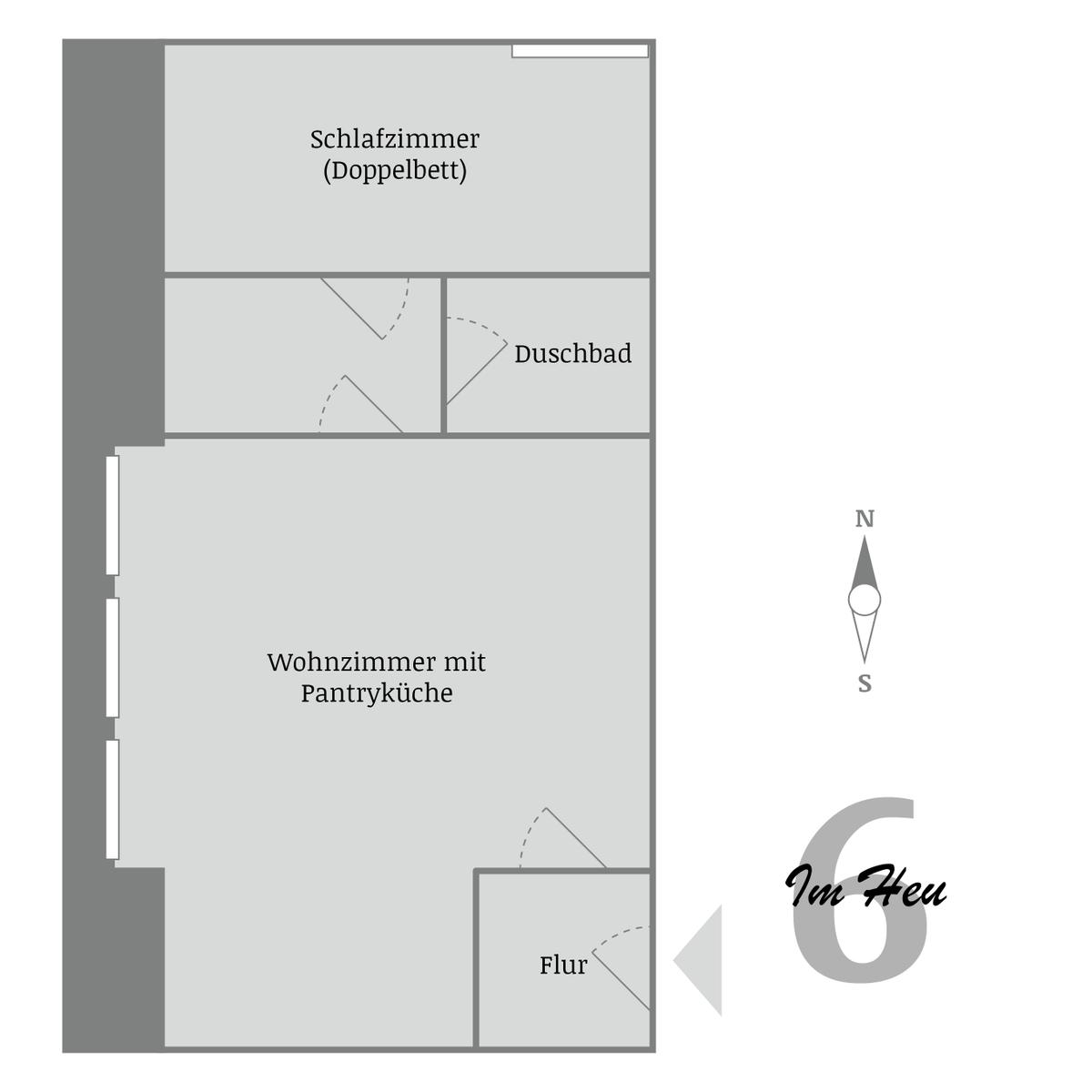 Wohnung mit Schlafzimmer, Duschbad, Wohnzimmer mit Pantryküche und Flur.