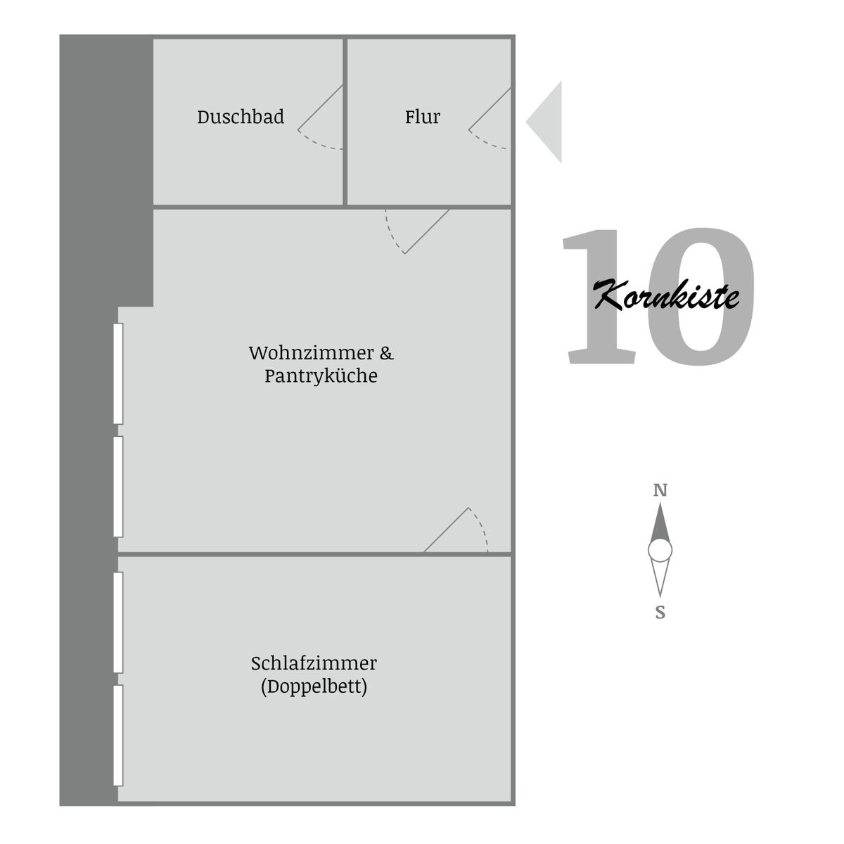 Wohnung mit Schlafzimmer, Wohn- und Küchenbereich, Flur und Duschbad.