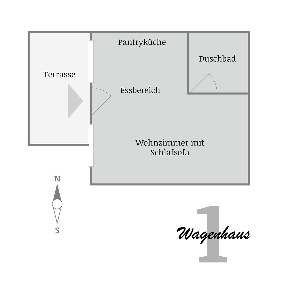 Wohnung mit Wohnzimmer, Essbereich, Pantryküche, Duschbad und Terrasse.