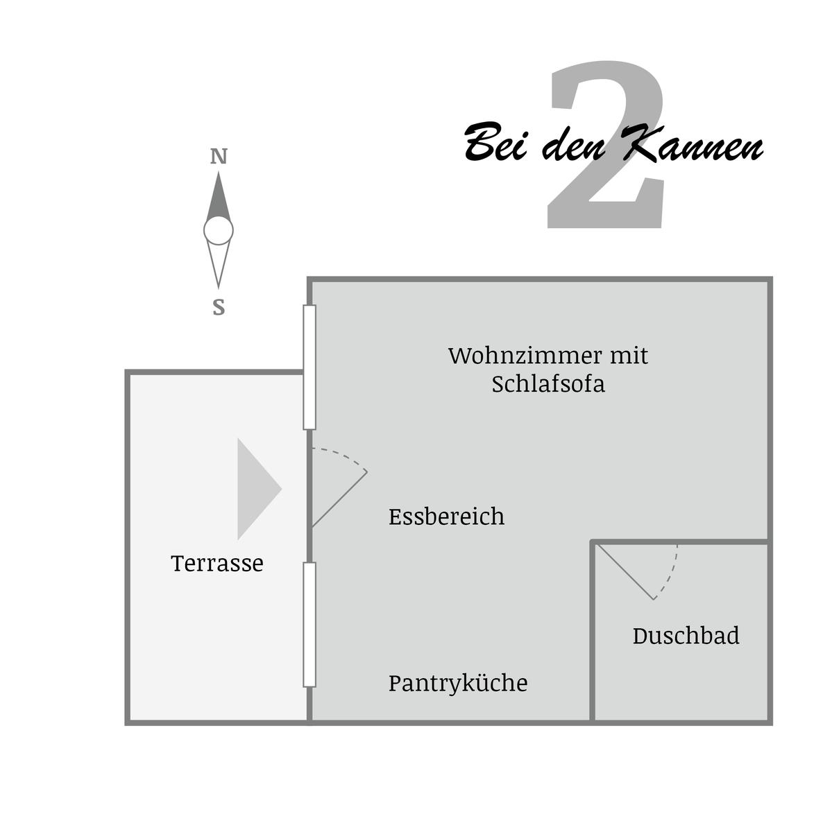 Wohnzimmer mit Schlafsofa, Essbereich, Pantryküche, Duschbad und Terrasse.