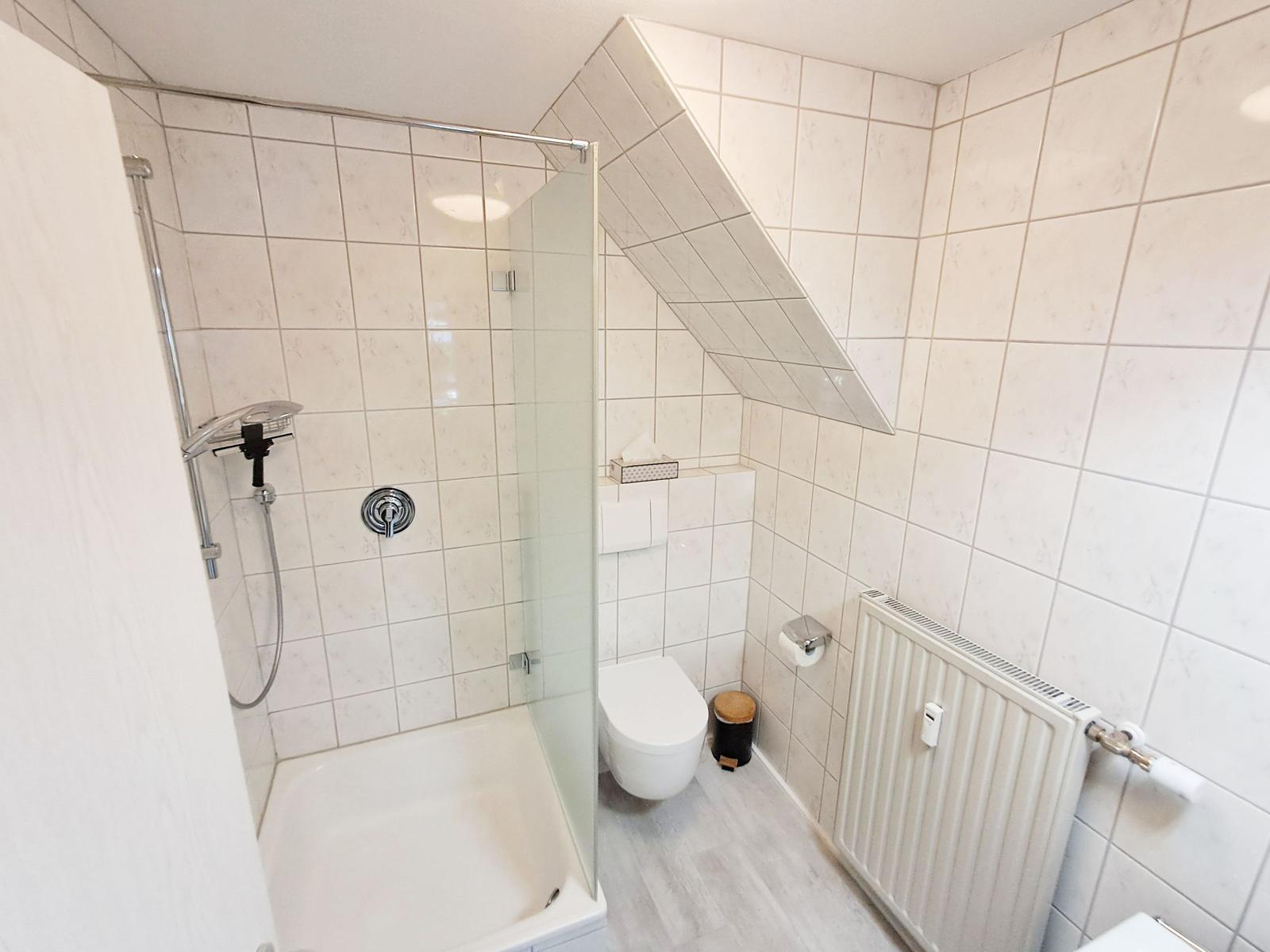 Badezimmer mit Dusche, WC und Heizkörper an der Wand.