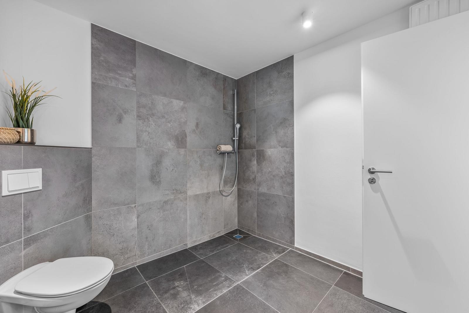 Dusche mit Duschbrause, Toilette und Pflanze an der Wand