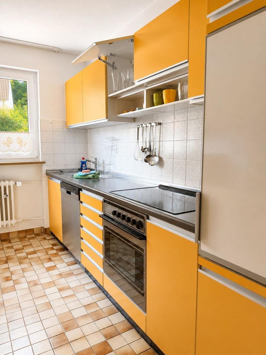 Küche mit orangefarbenen Schränken, Edelstahlgeräten und Fliesenboden.