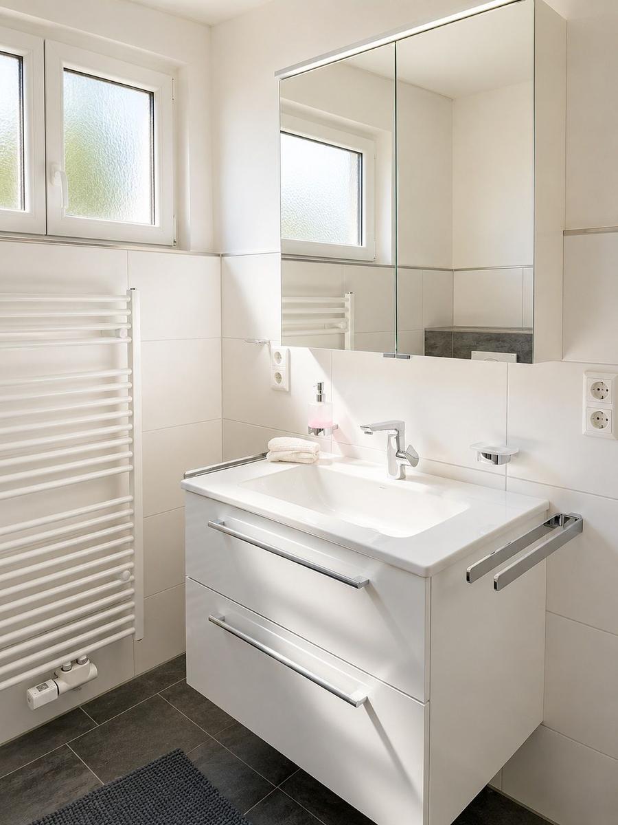 Badezimmer mit Waschbecken, Spiegelschrank und Heizkörper an der Wand.