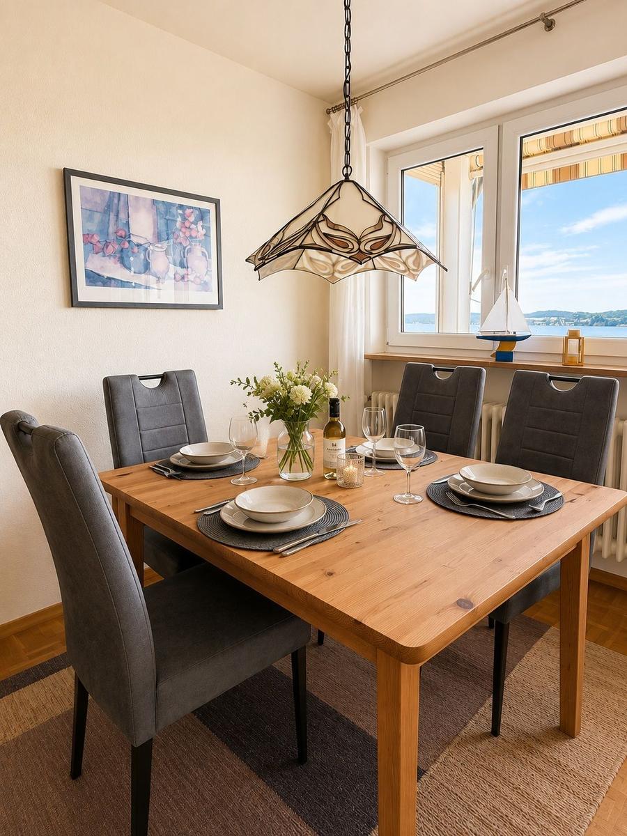 Esszimmer mit Holztisch, vier Stühlen und Blick auf Wasser.