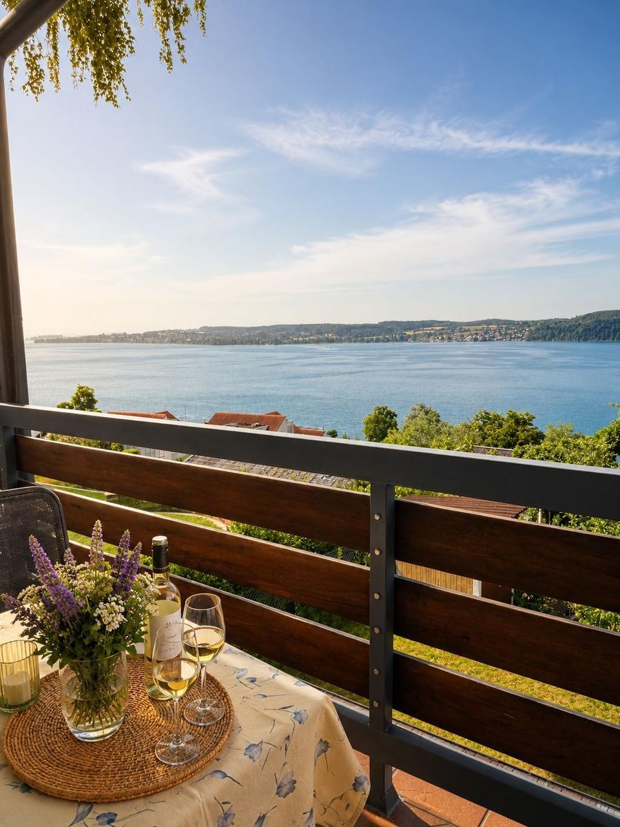 Balcony with table, wine glasses, and flowers overlooking a lake and hills.