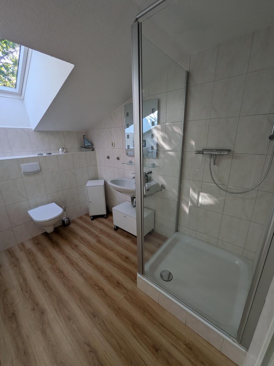 Badezimmer mit Dusche, Waschbecken und WC. Holzdielenboden und Dachfenster.