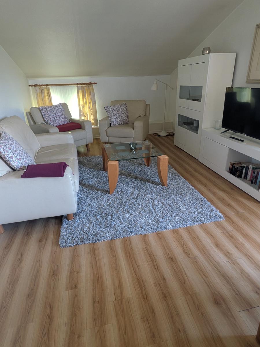 Wohnzimmer mit Sofa, Sesseln, Glas-Tisch und Fernseher auf weißem Schrank.