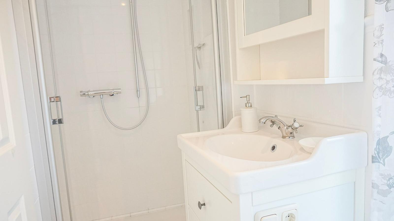 Badezimmer mit Dusche, Waschbecken und Spiegelschrank.