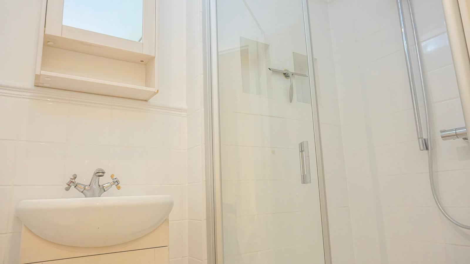 Badezimmer mit Dusche, Waschbecken und Spiegelschrank