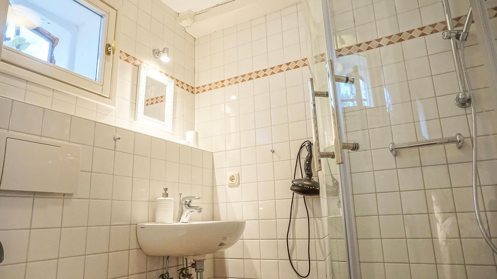 Badezimmer mit Dusche, Waschbecken und Fenster.