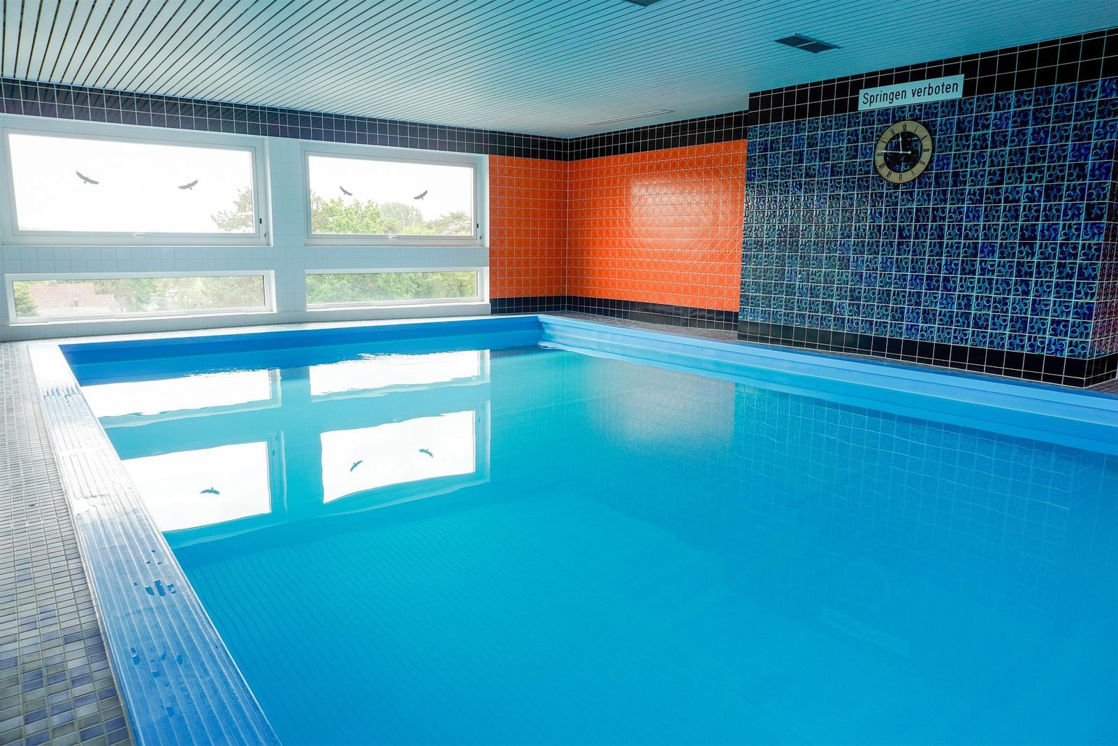 Innenpool mit blauen Fliesen, orangefarbenen Wänden und großen Fenstern.