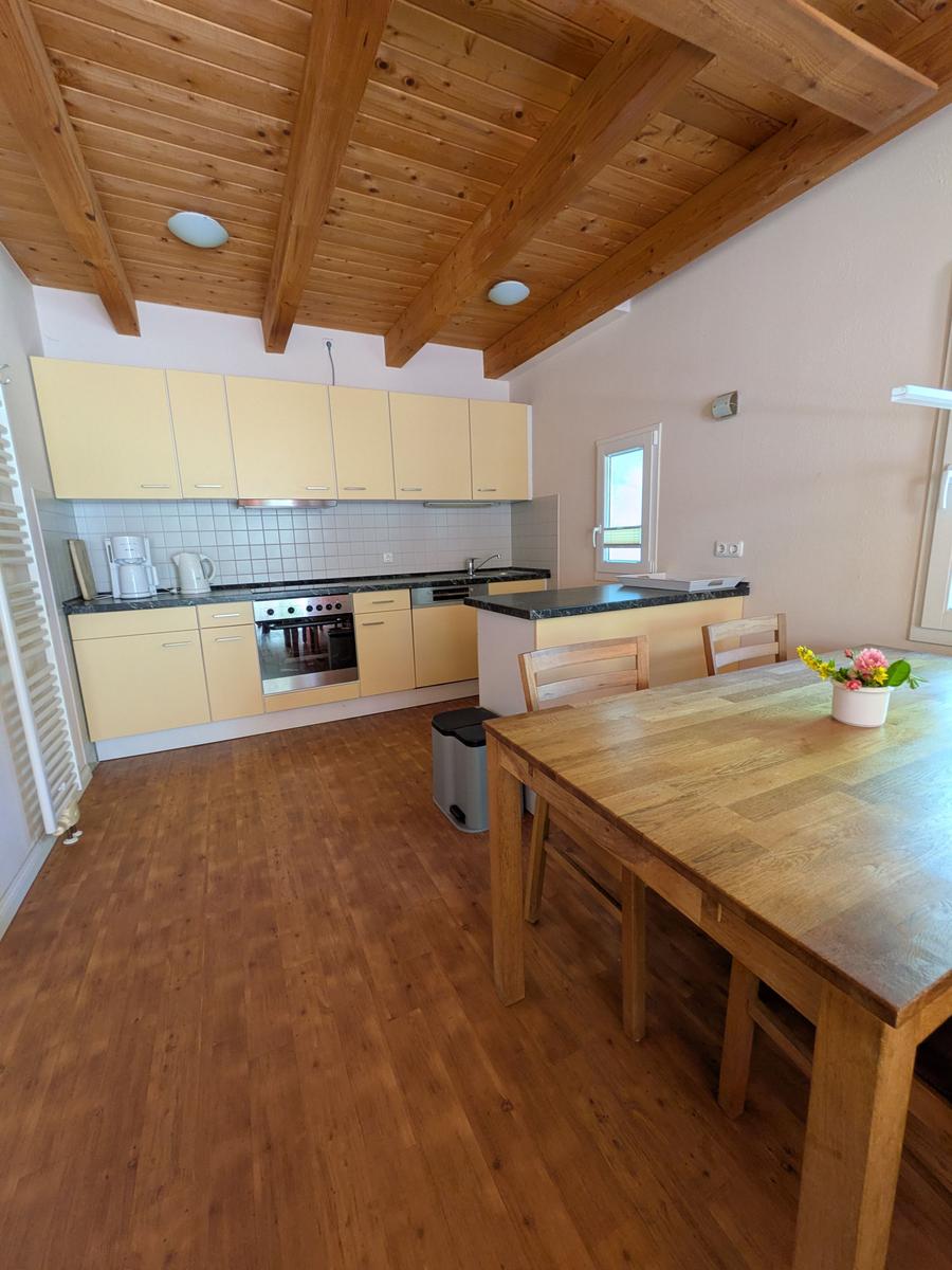 Küche mit Essbereich, Holzdecke und Holzboden.