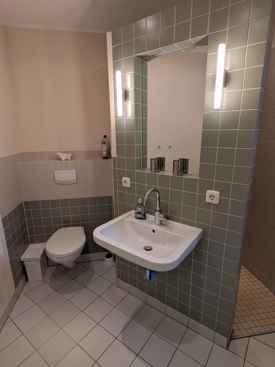 Badezimmer mit Waschbecken, Spiegel, Toilette und Dusche.