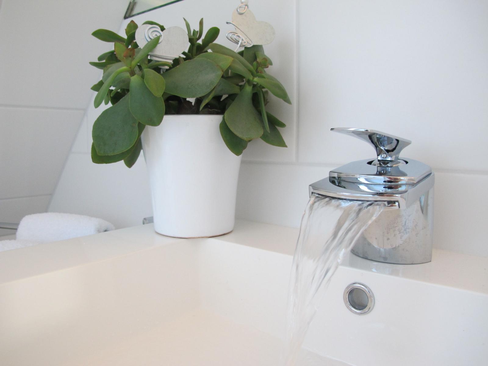 Waschbecken mit Wasserhahn und Pflanze in weißer Vase