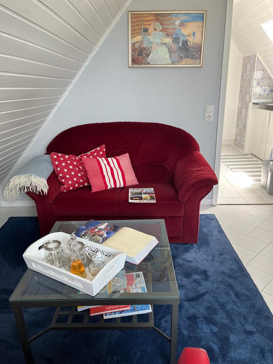 Ein rotes Sofa mit Kissen steht auf einem blauen Teppich vor einer Wand mit Bild.