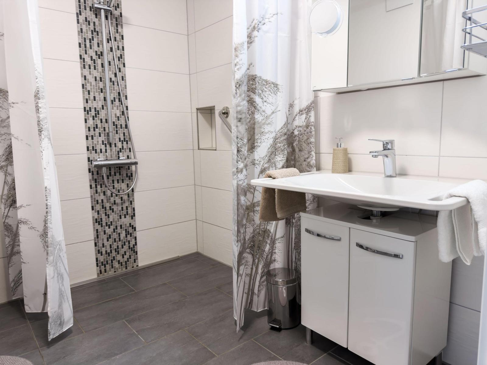 Bathroom with shower, sink, and mirror cabinet.