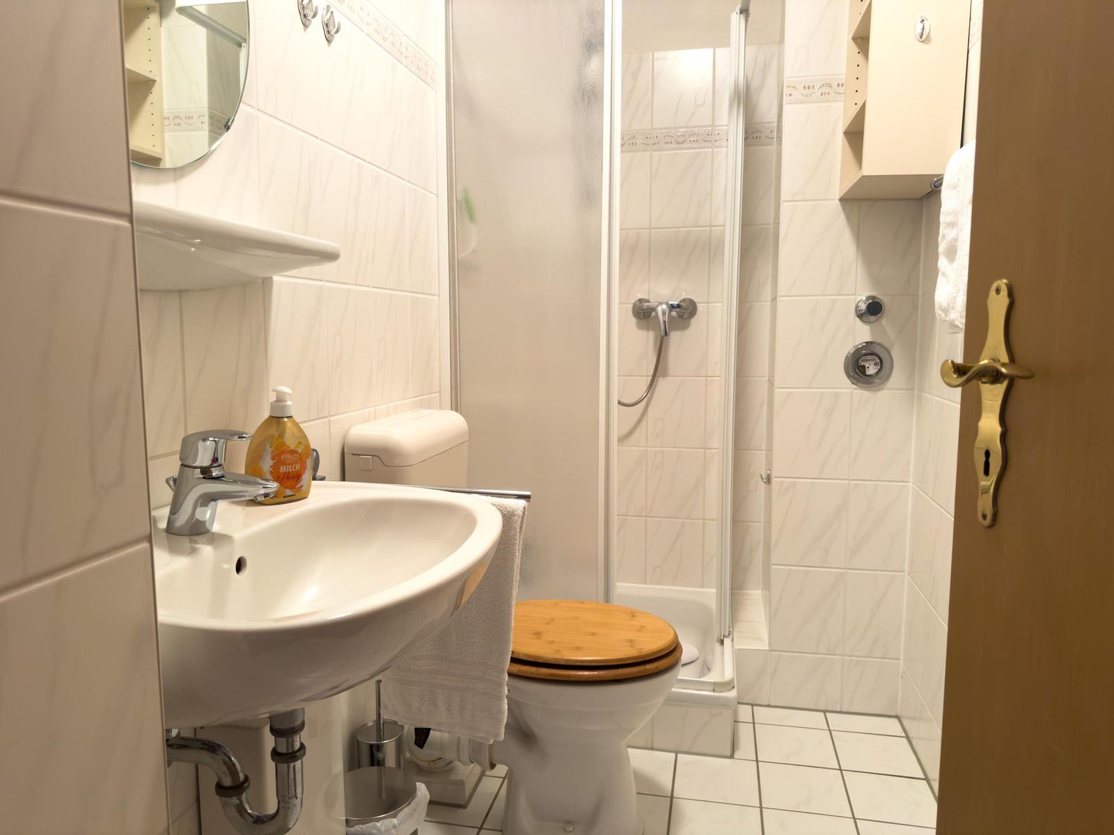 Badezimmer mit Dusche, Toilette und Waschbecken