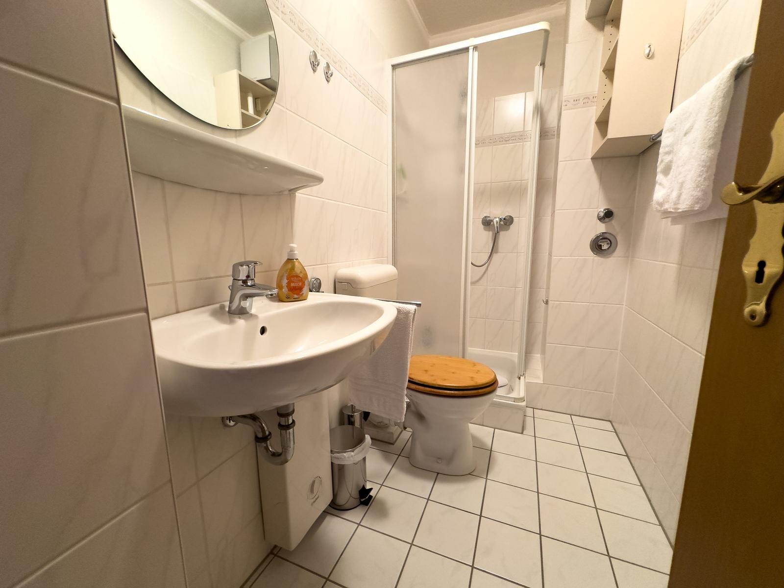 Badezimmer mit Waschbecken, Dusche und Toilette. Fliesenboden und Wandfliesen.